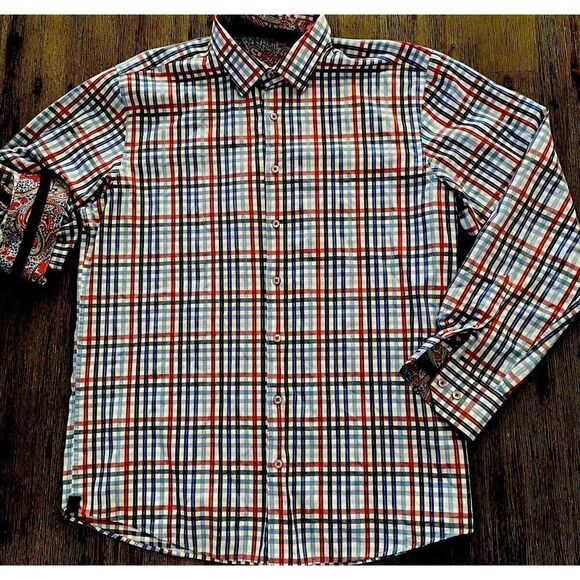 Luciano Visconti XL Plaid Red/White/Blue Button Down Long Sleeve Shirt XL - Picture 1 of 3